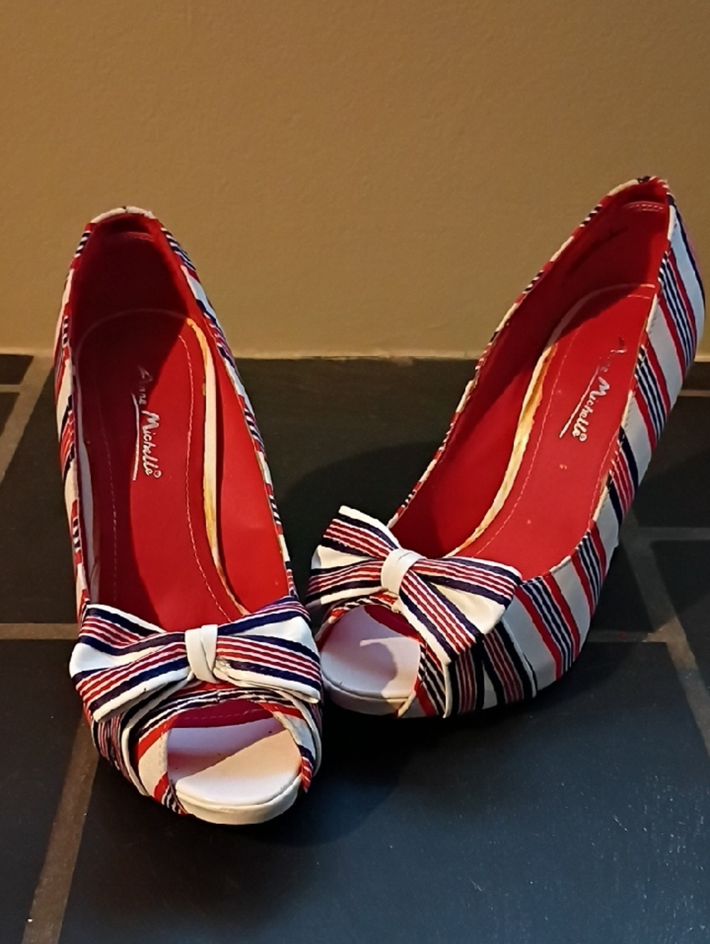 Anne Michelle Striped Peep-Toe Heels with Bow - Red/White/Blue | Size 7